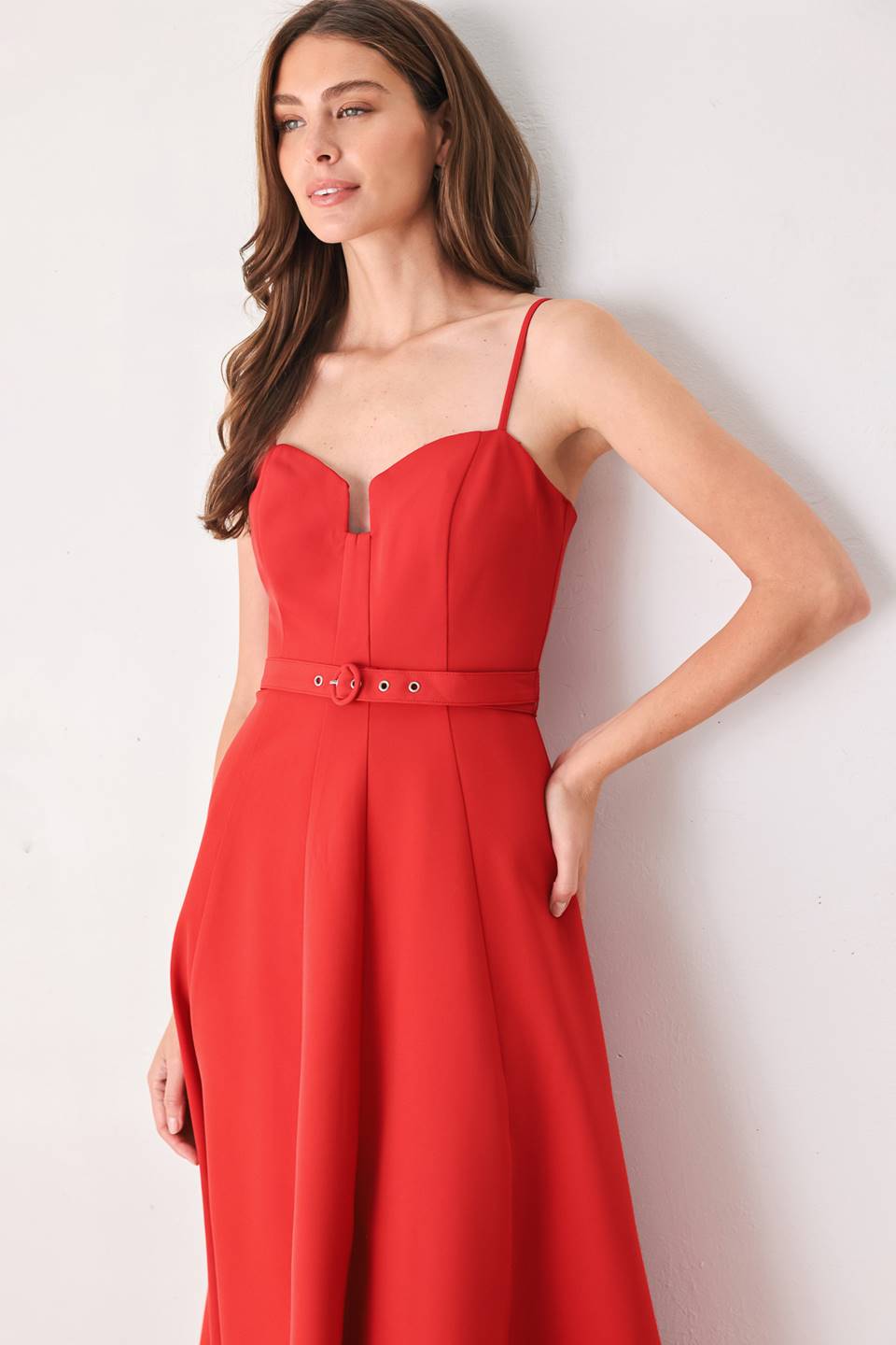 Scarlet Promise Sweetheart Belted Midi Dress