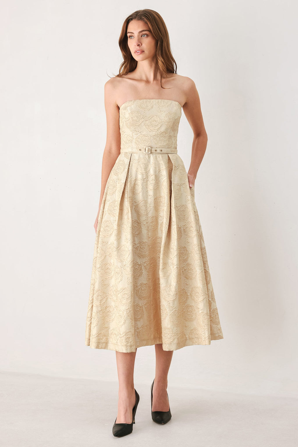 Golden Heirloom Textured Strapless Belted Midi Dress