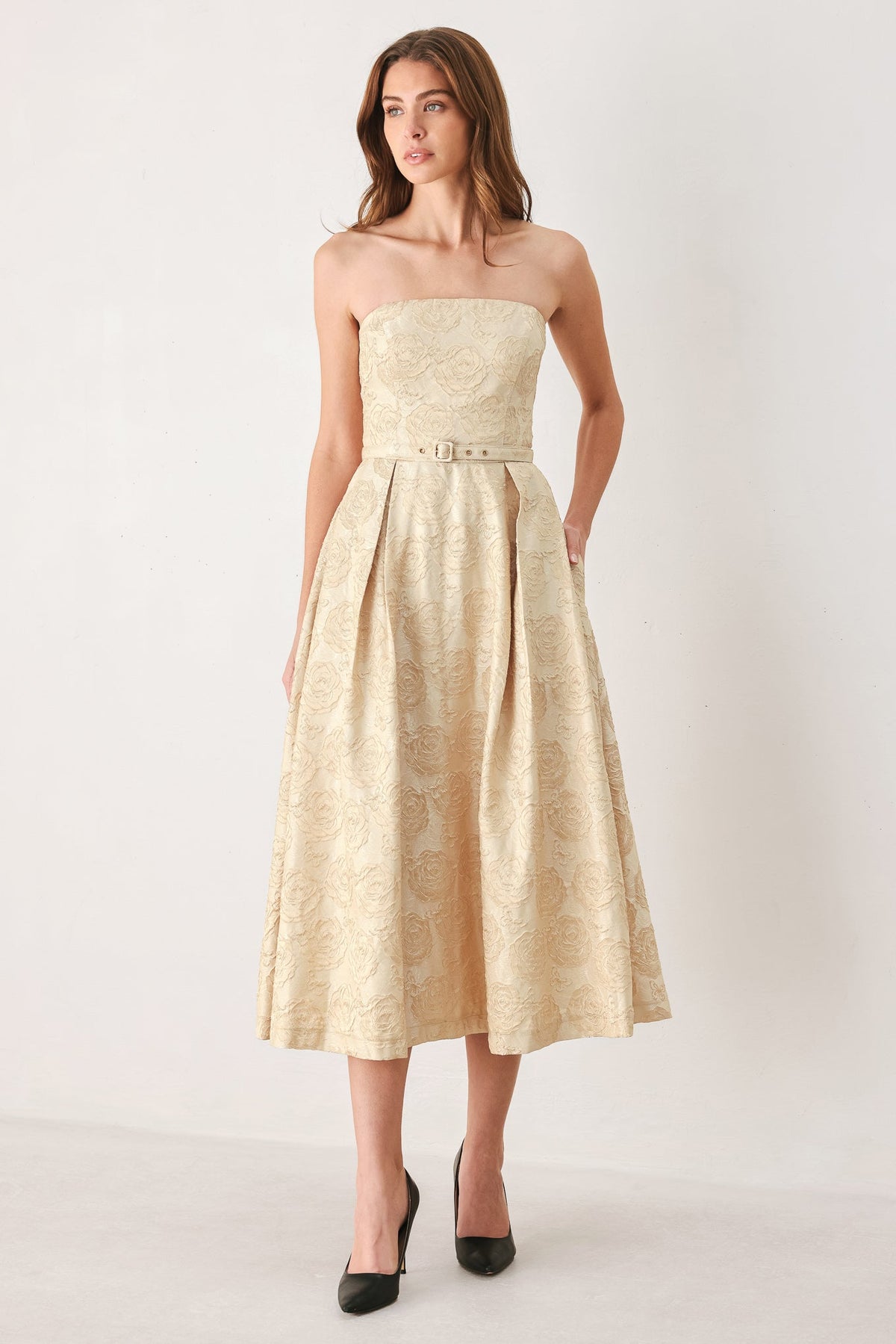 Golden Heirloom Textured Strapless Belted Midi Dress