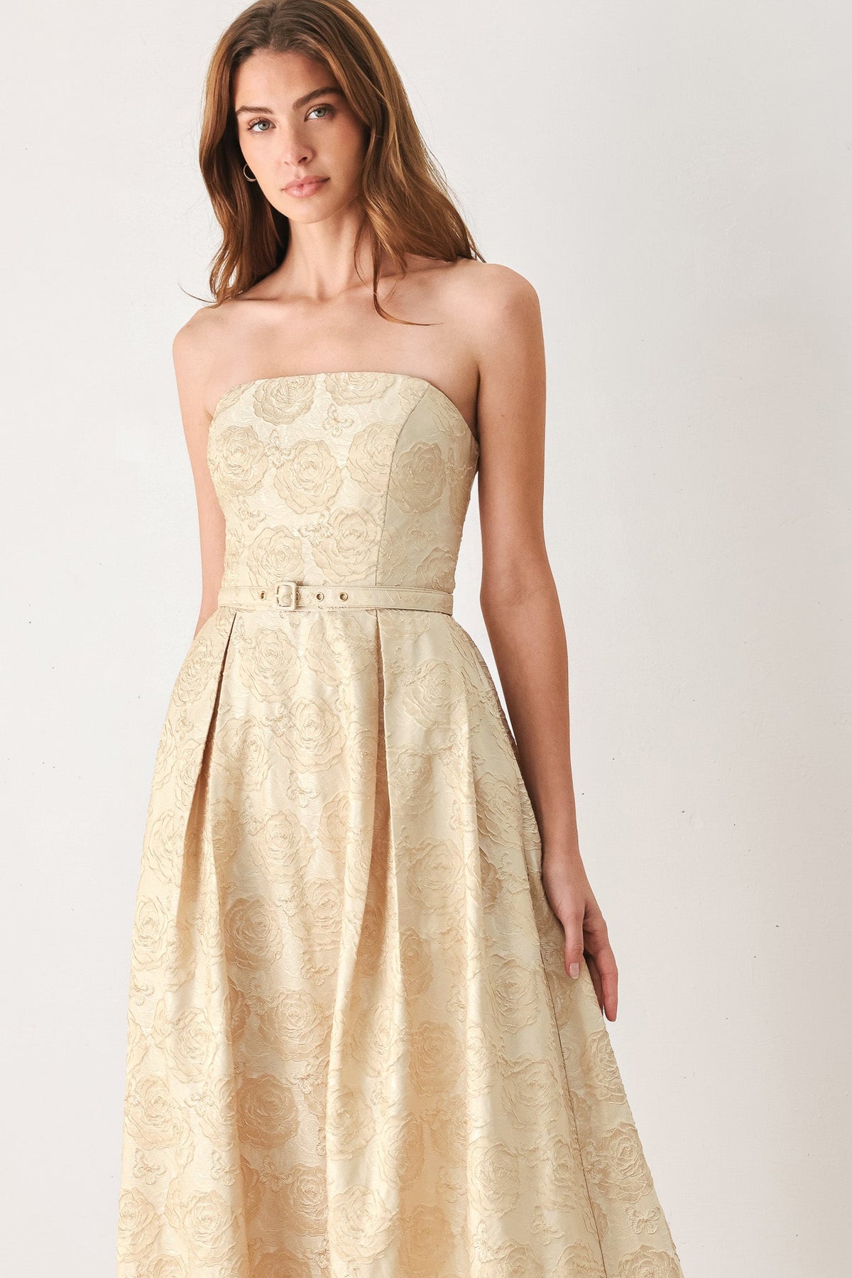Golden Heirloom Textured Strapless Belted Midi Dress