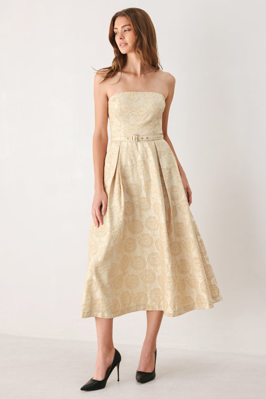 Golden Heirloom Textured Strapless Belted Midi Dress