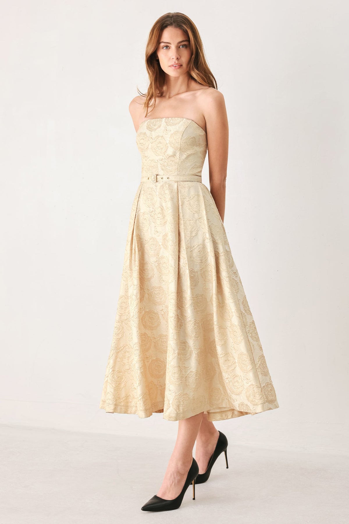 Golden Heirloom Textured Strapless Belted Midi Dress