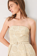 Golden Heirloom Textured Strapless Belted Midi Dress