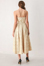 Golden Heirloom Textured Strapless Belted Midi Dress