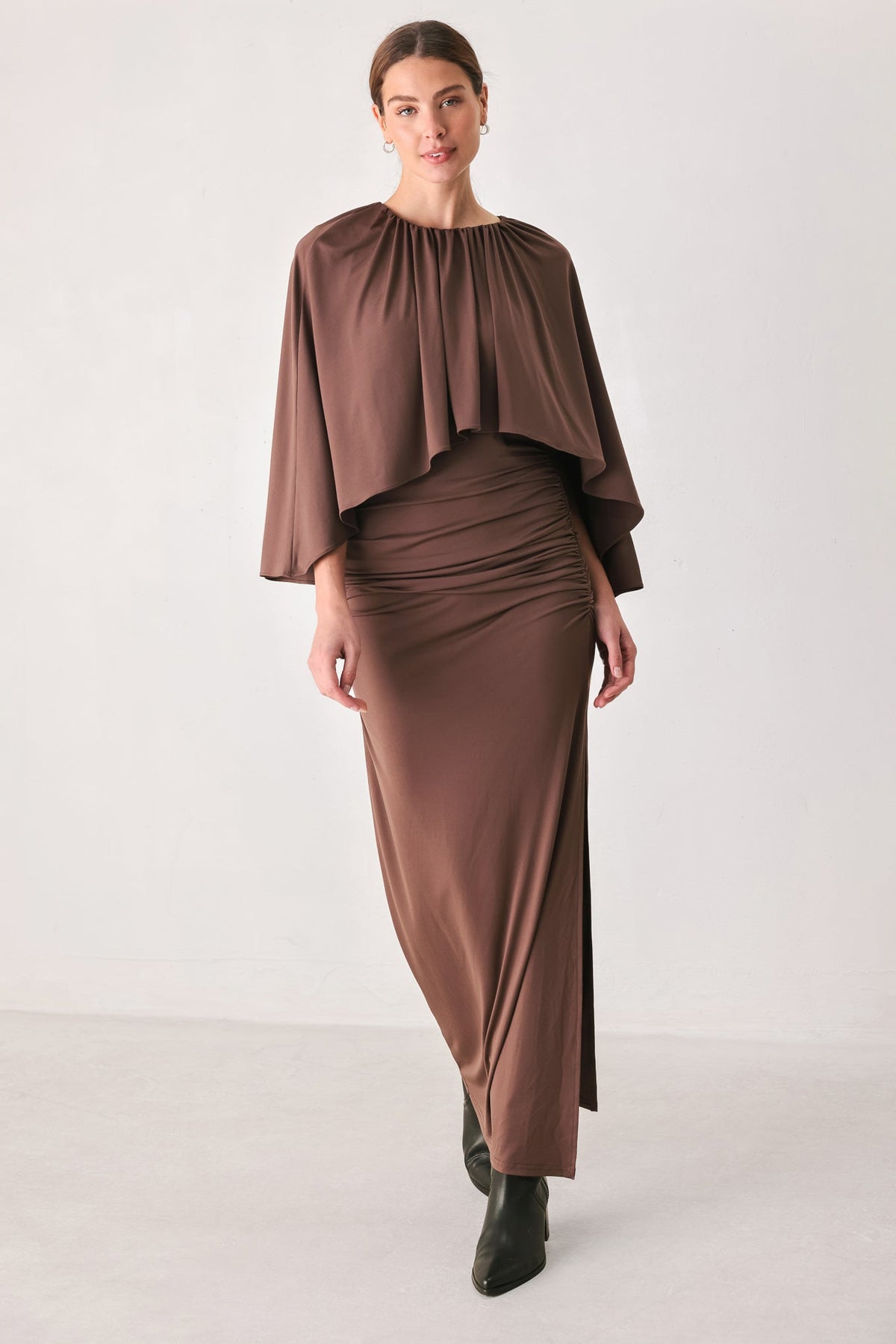 Dusty Rose Drape Mauve Capelet Midi Dress