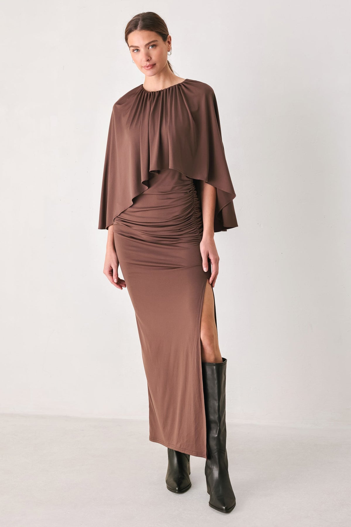 Dusty Rose Drape Mauve Capelet Midi Dress