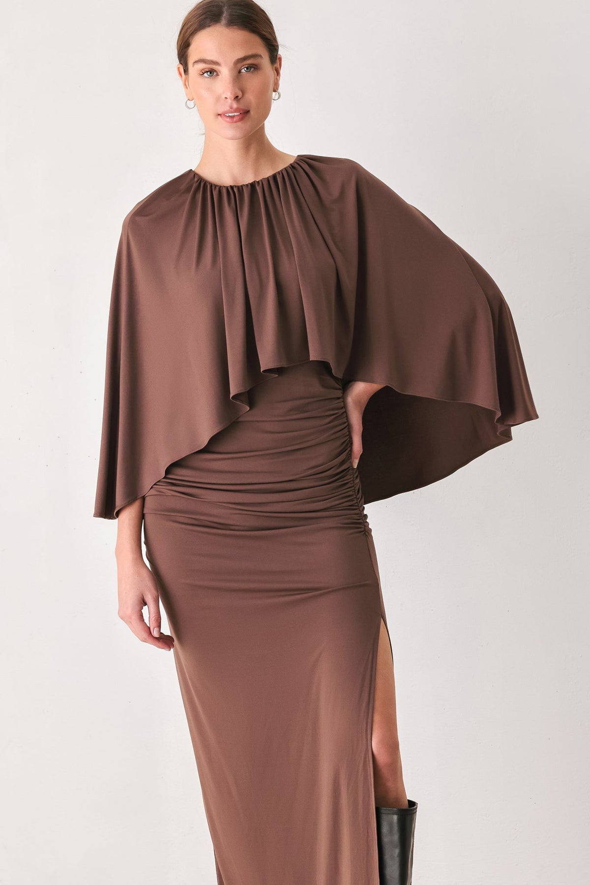 Dusty Rose Drape Mauve Capelet Midi Dress