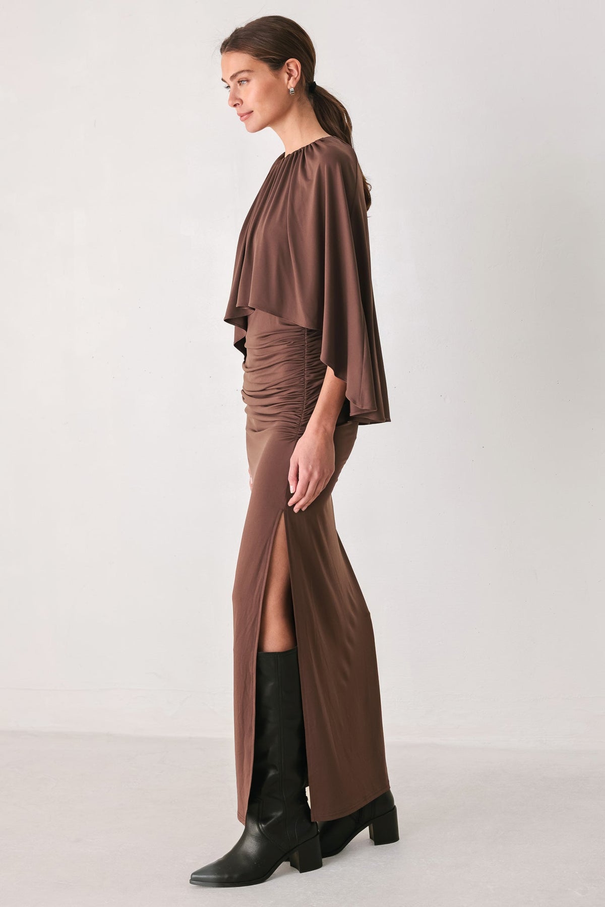 Dusty Rose Drape Mauve Capelet Midi Dress