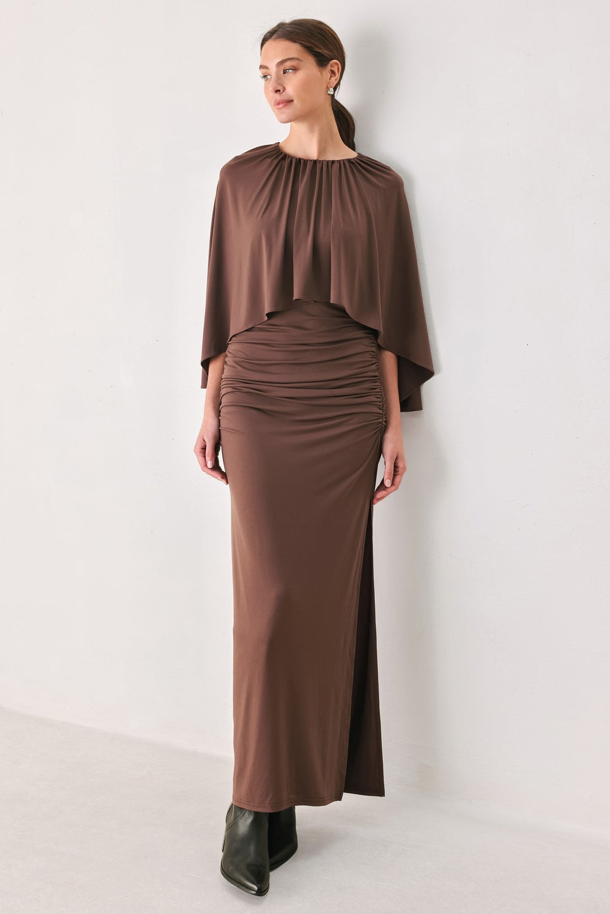 Dusty Rose Drape Mauve Capelet Midi Dress