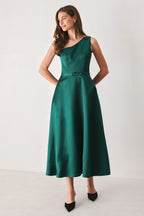 Emerald Elegance Green One-Shoulder Belted Midi Dress