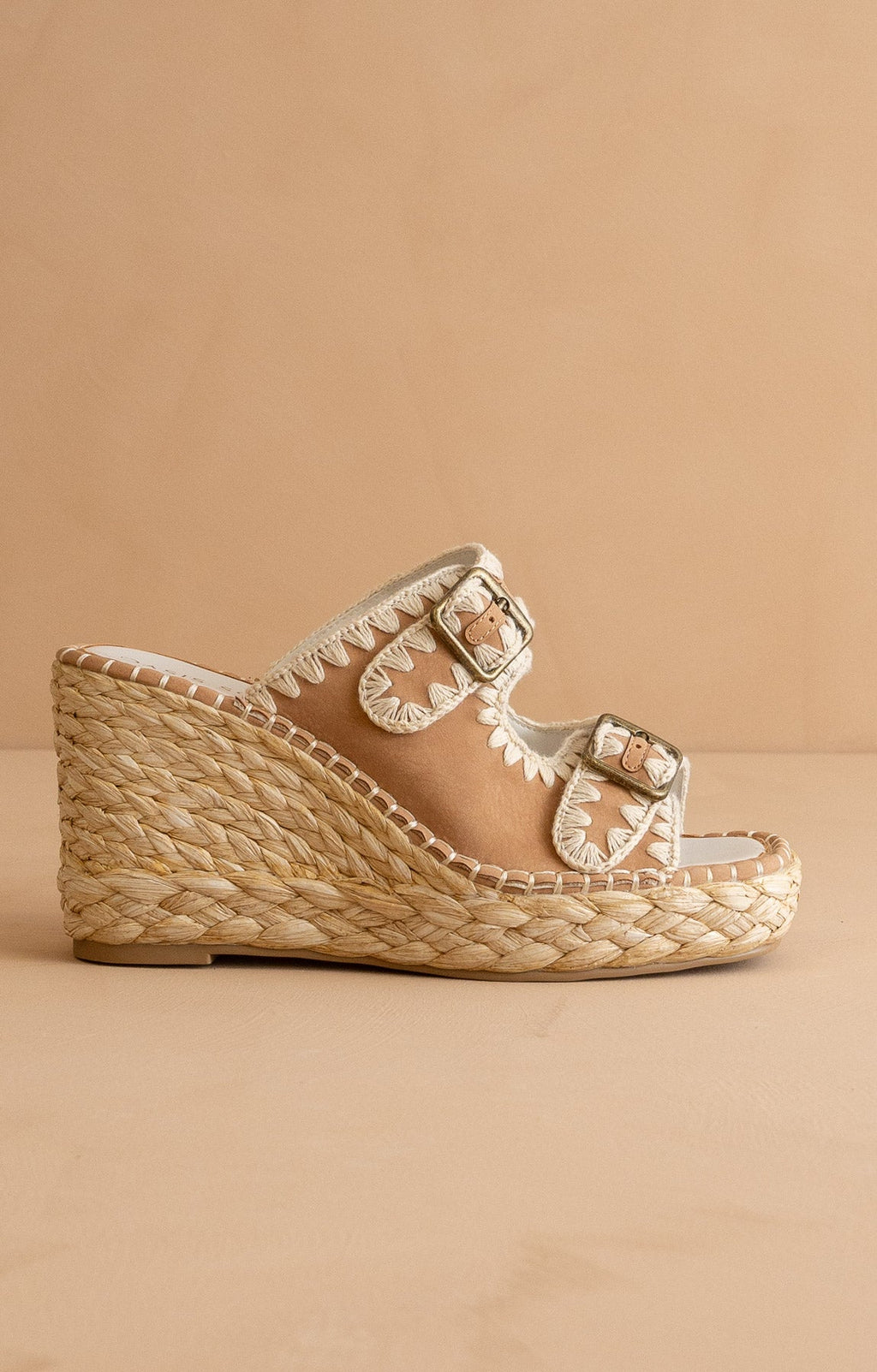 The Rae | Camel Embroidered Espadrille Wedges with Double Buckle Straps