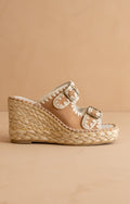 The Rae | Camel Embroidered Espadrille Wedges with Double Buckle Straps