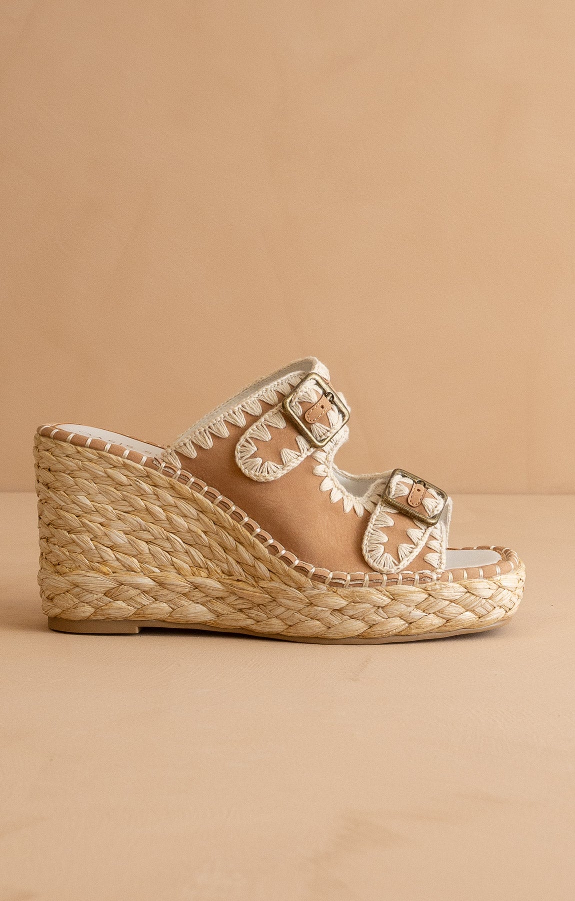 The Rae | Camel Embroidered Espadrille Wedges with Double Buckle Straps