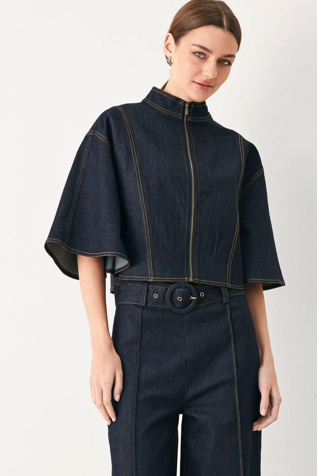 Urban Stitch Wide Sleeve Denim Capelet Top