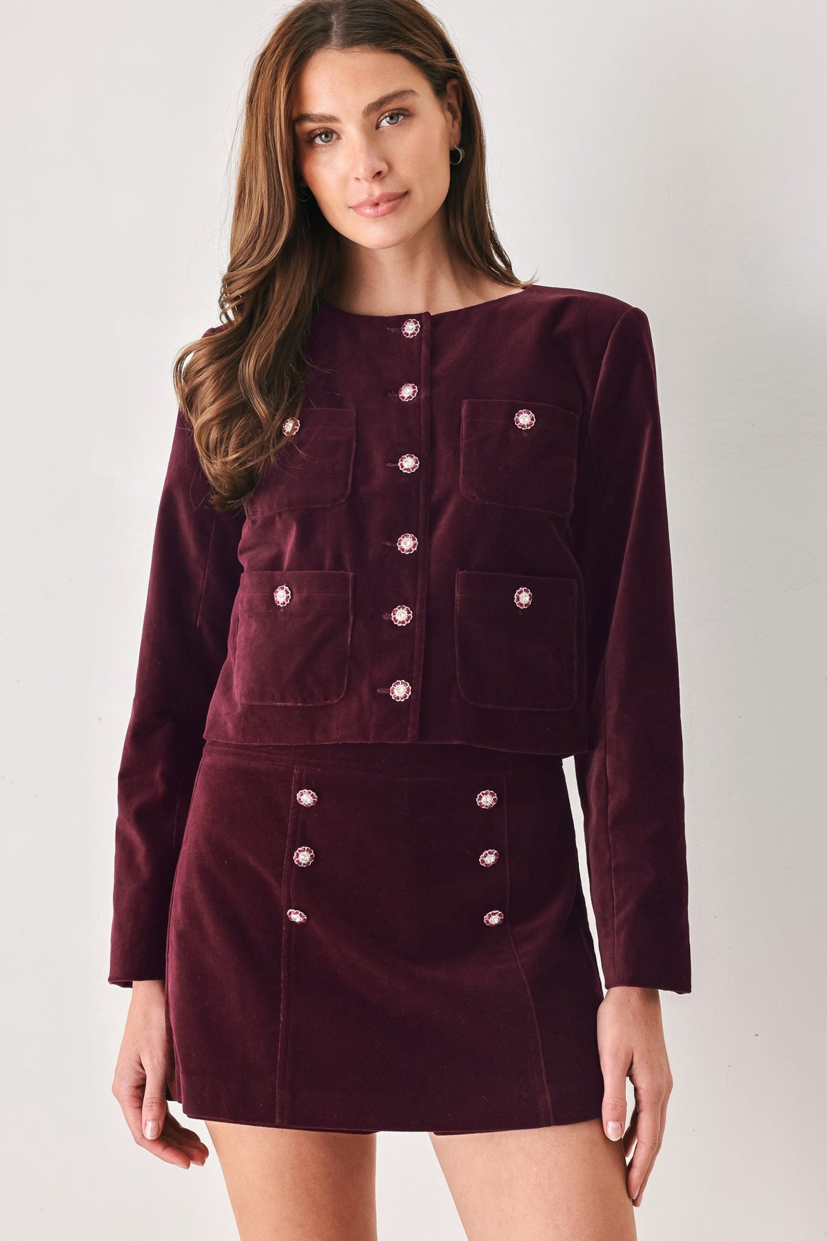 Bordeaux Velvet Burgundy Jewel-Button Cropped Jacket
