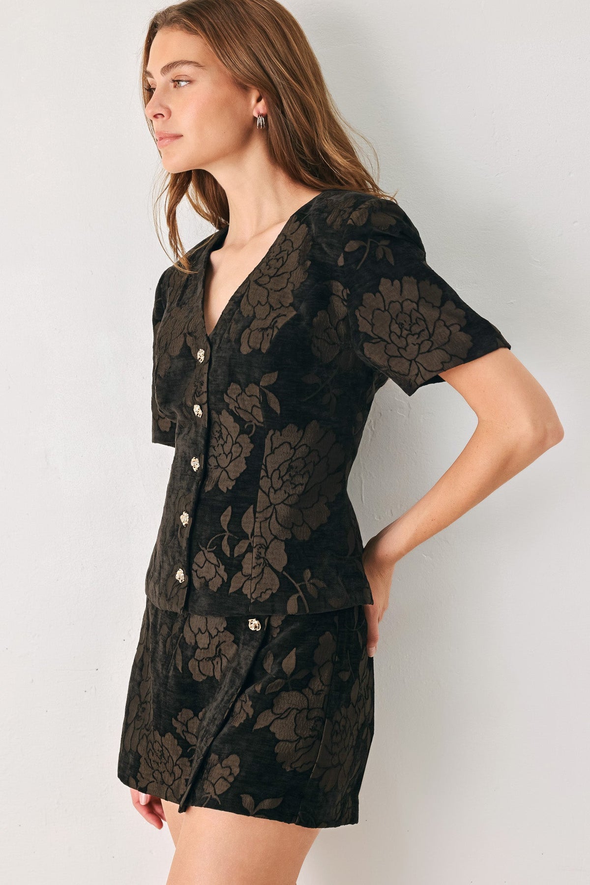 Cocoa Tapestry Jacquard Button-Down Top
