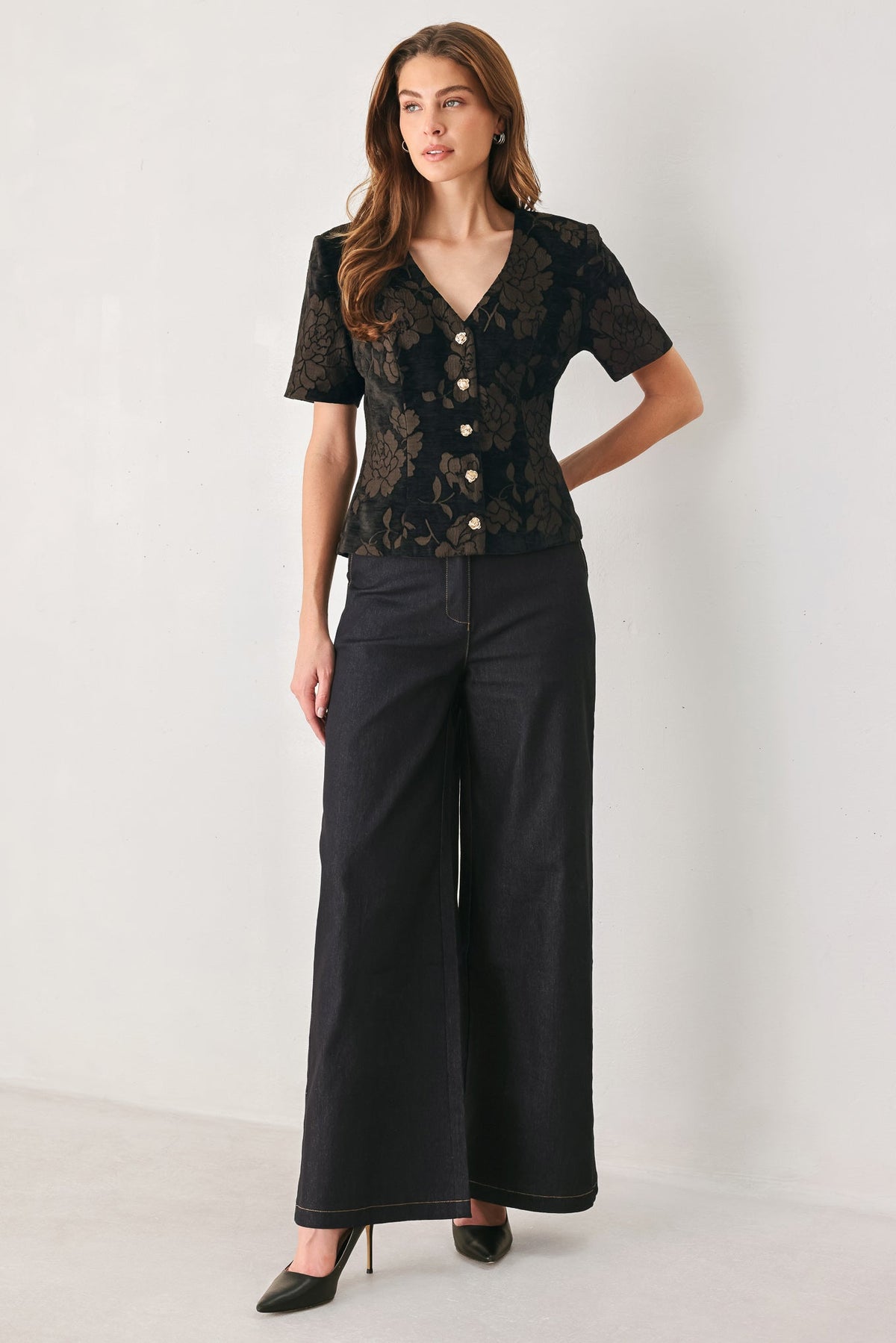 Cocoa Tapestry Jacquard Button-Down Top