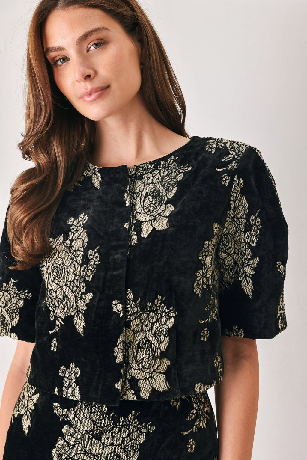 Gilded Velvet Black & Gold Jacquard Cropped Jacket
