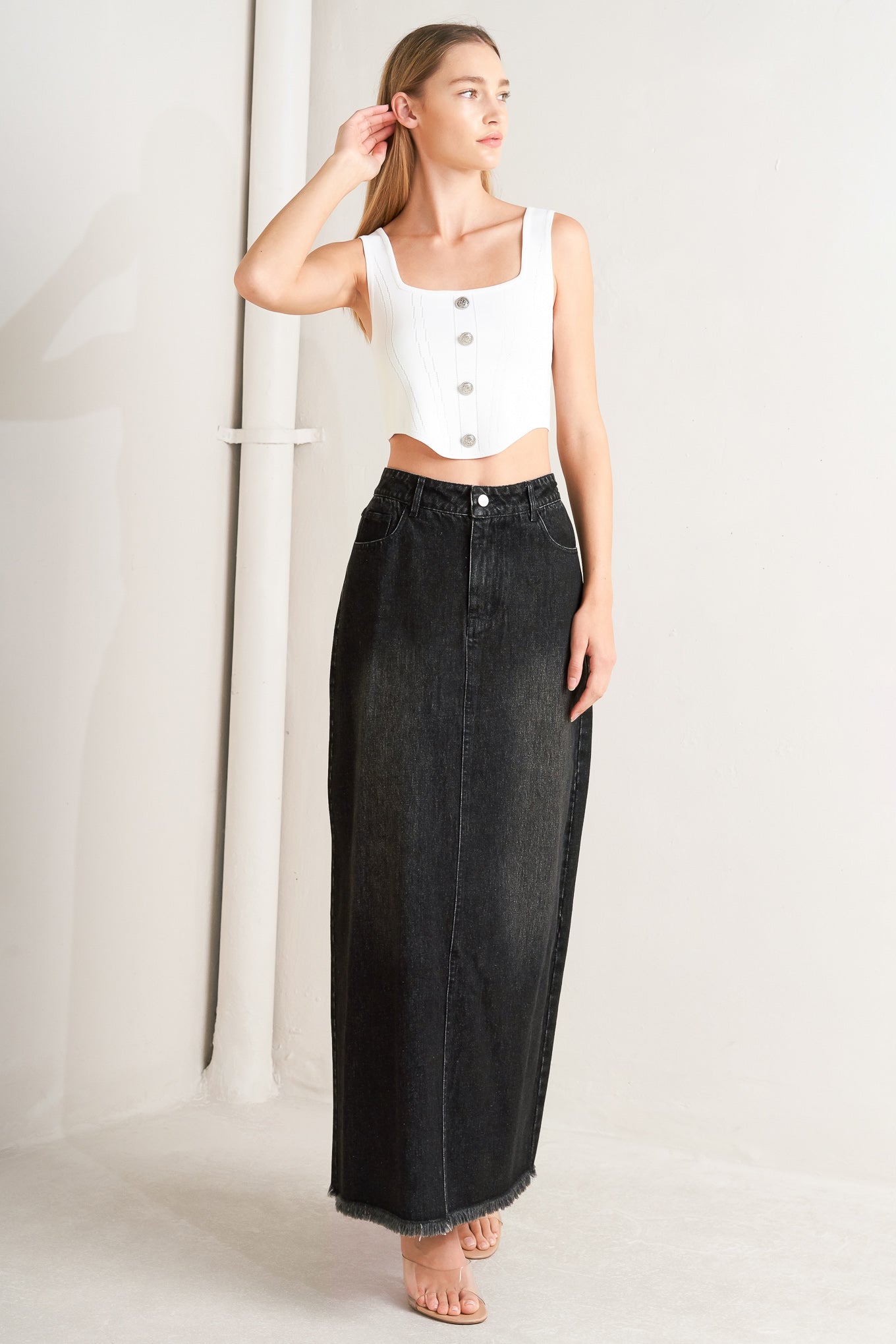 TALK ABOUT BEAUTY DENIM MIDI SKIRT