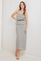 Classic striped midi skirt with front pocket & elasticized waist.