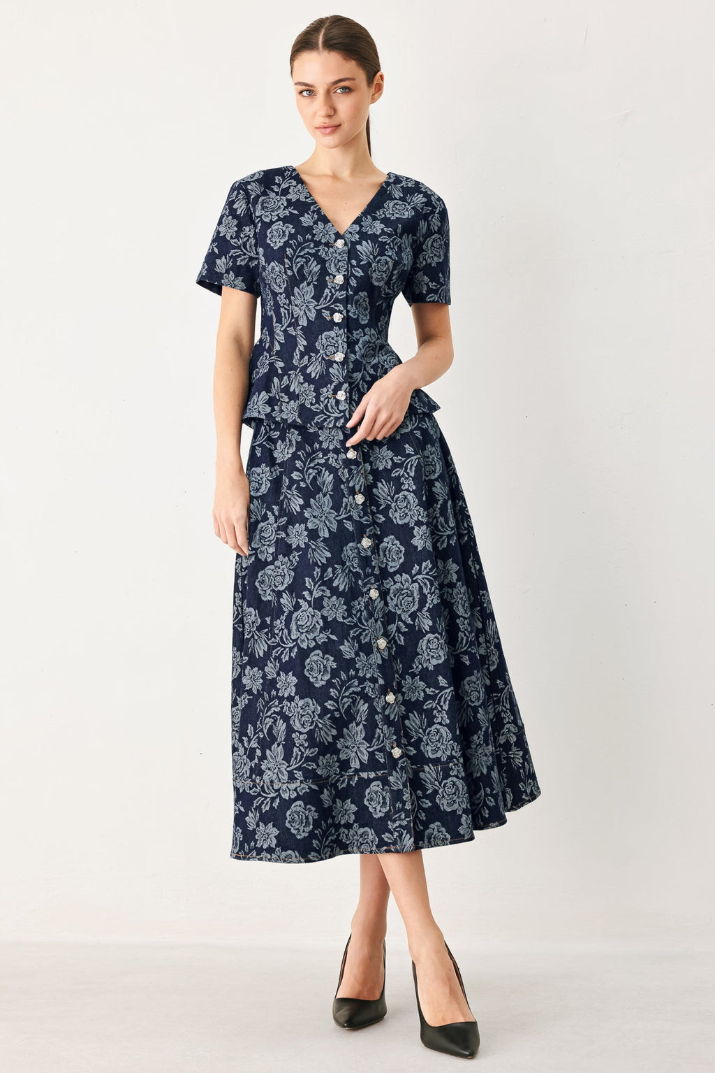 Rosette Floral Jacquard Full Skirt