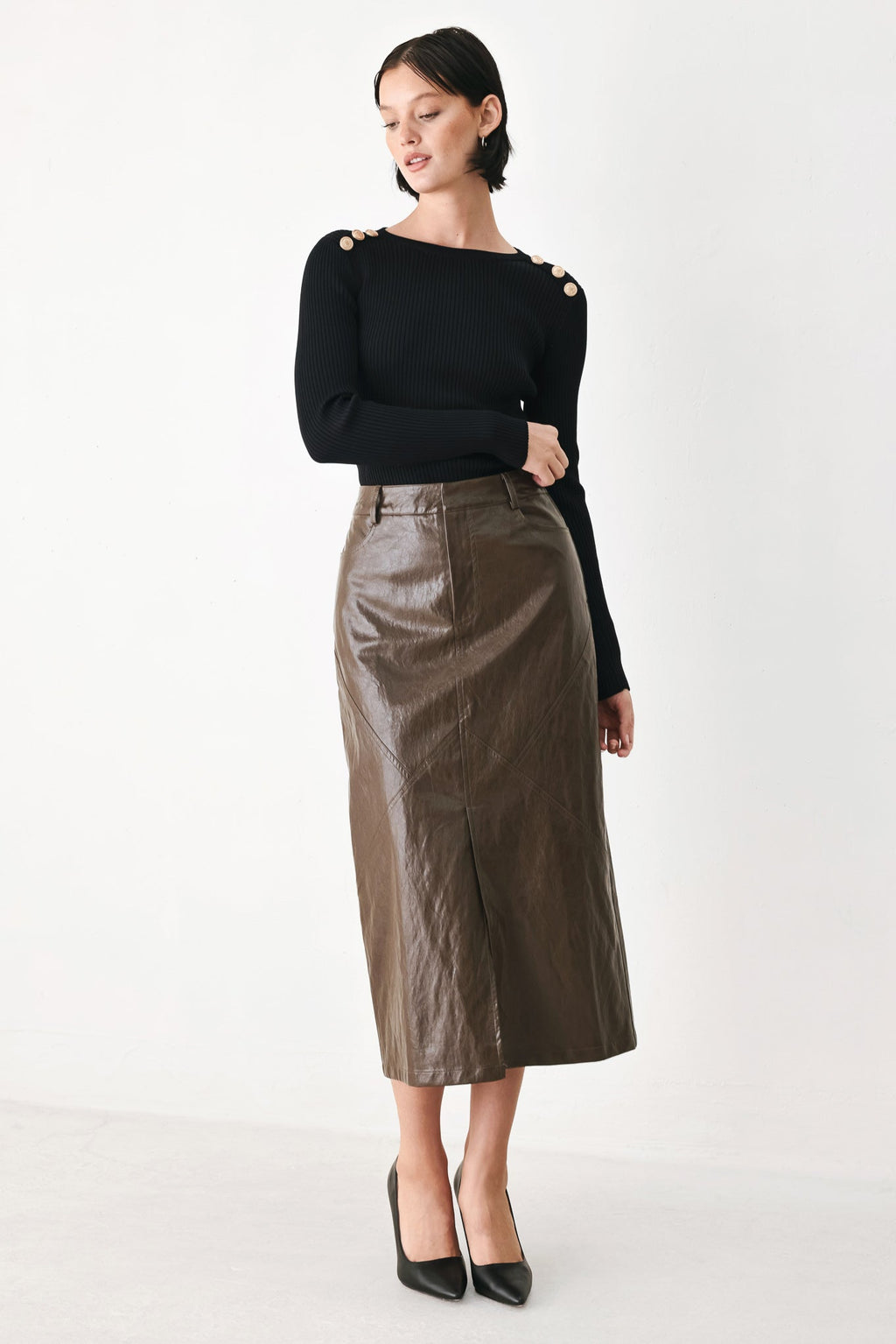 Stone Leather Column Pencil Skirt