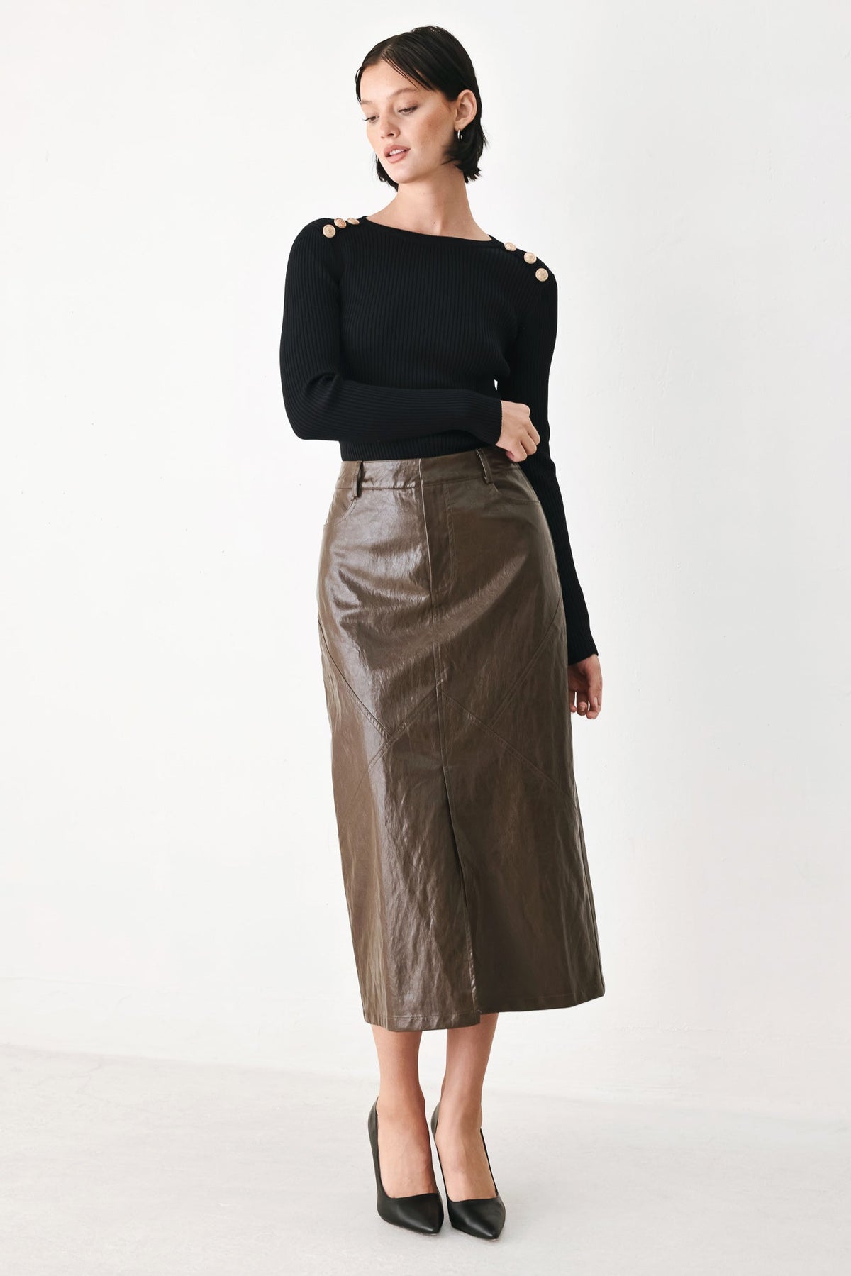 Stone Leather Column Pencil Skirt