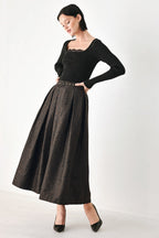 Autumn Elegance Brown Textured Belted Midi Skirt