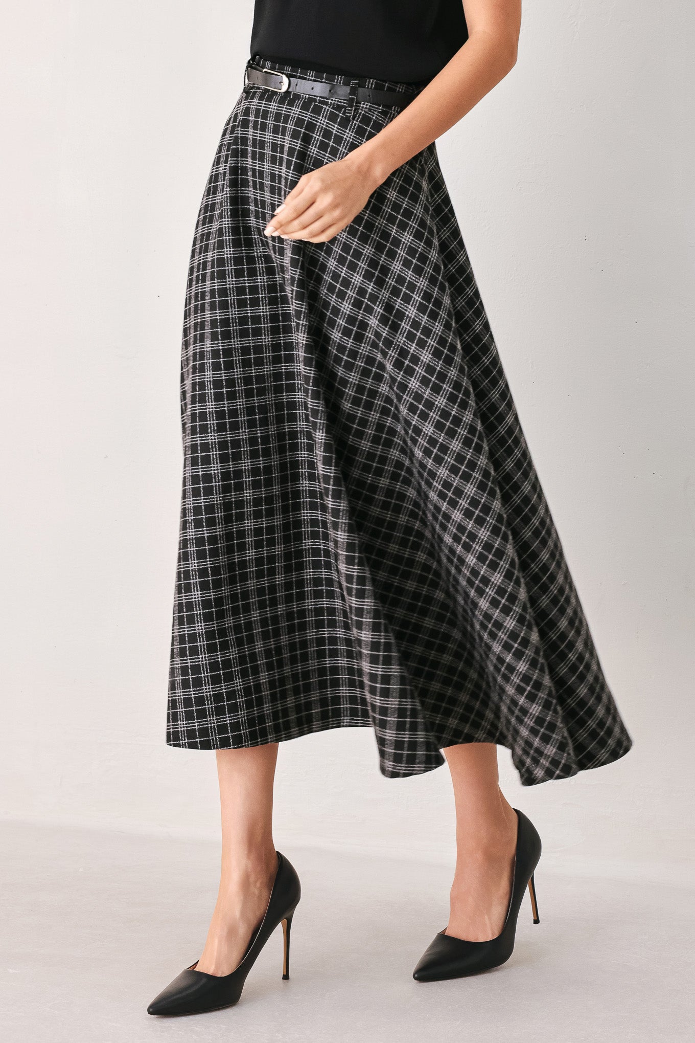 Monochrome Check Full-Sweep Midi Skirt