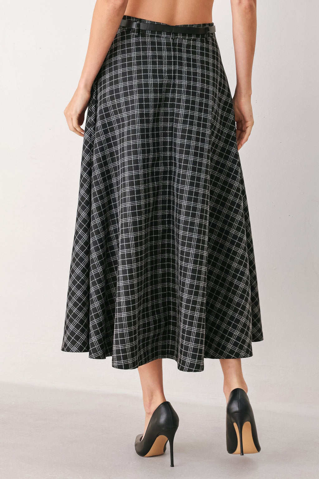 Monochrome Check Full-Sweep Midi Skirt