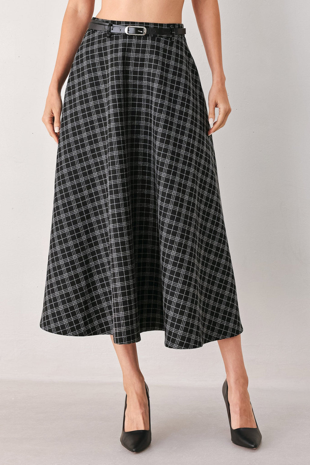 Monochrome Check Full-Sweep Midi Skirt