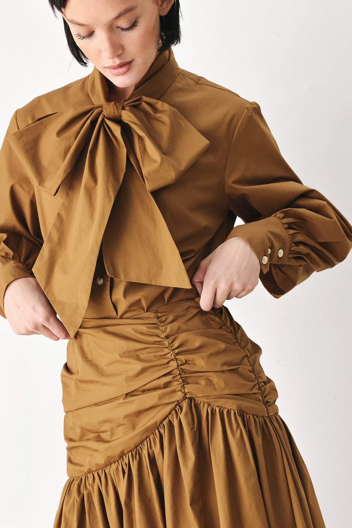 Golden Brown Cascade Midi Skirt