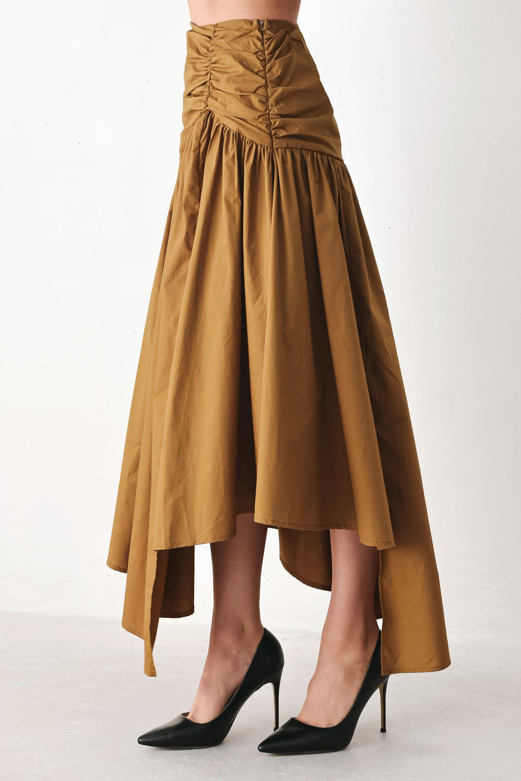 Golden Brown Cascade Midi Skirt