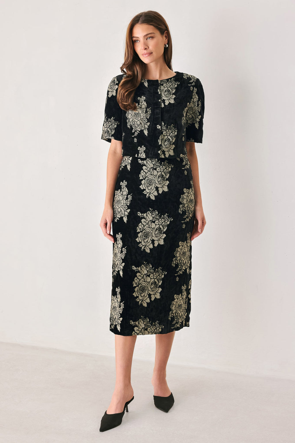 Gilded Velvet Black & Gold Jacquard Midi Skirt