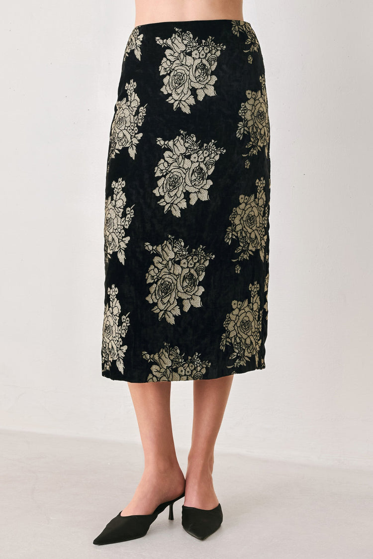 Gilded Velvet Black & Gold Jacquard Midi Skirt
