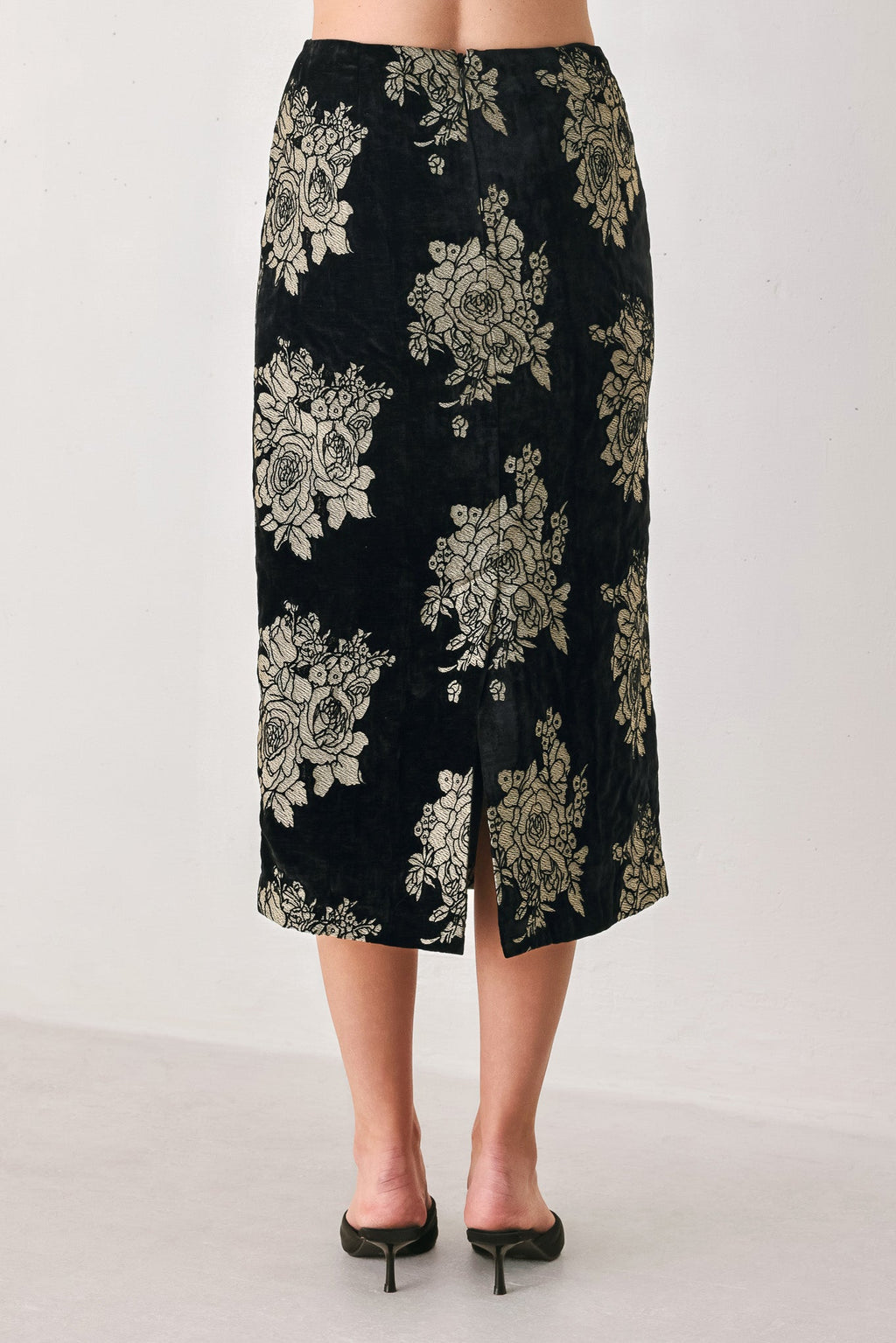 Gilded Velvet Black & Gold Jacquard Midi Skirt