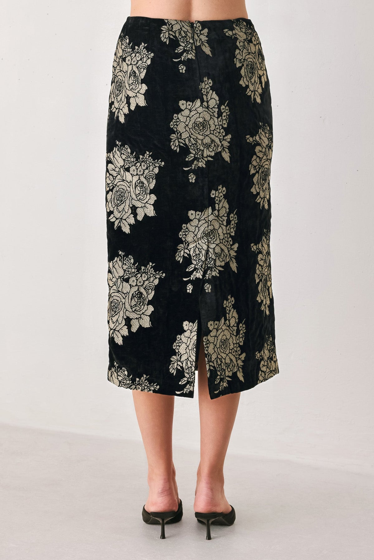 Gilded Velvet Black & Gold Jacquard Midi Skirt