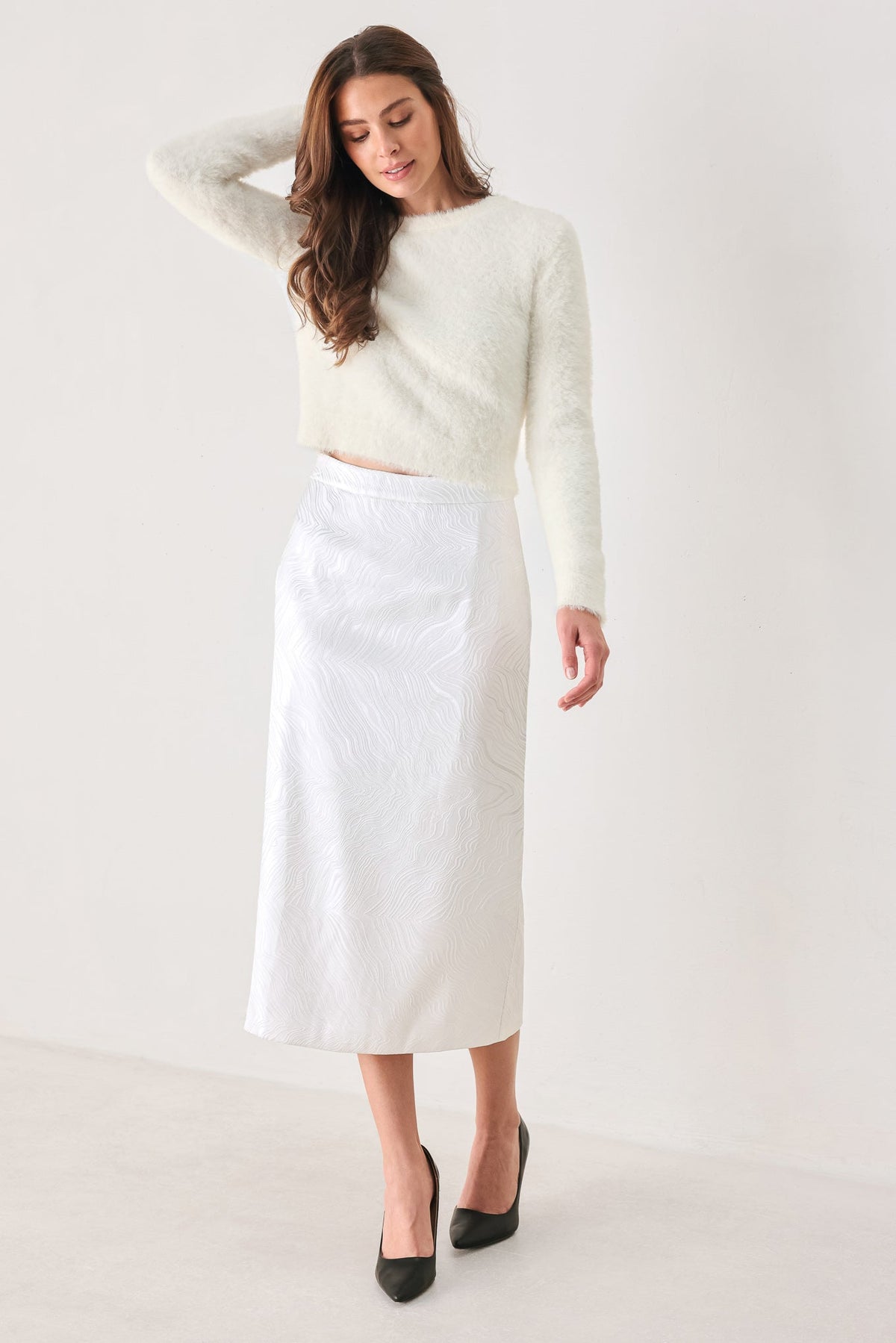 Ivory Texture White Jacquard Pencil Skirt