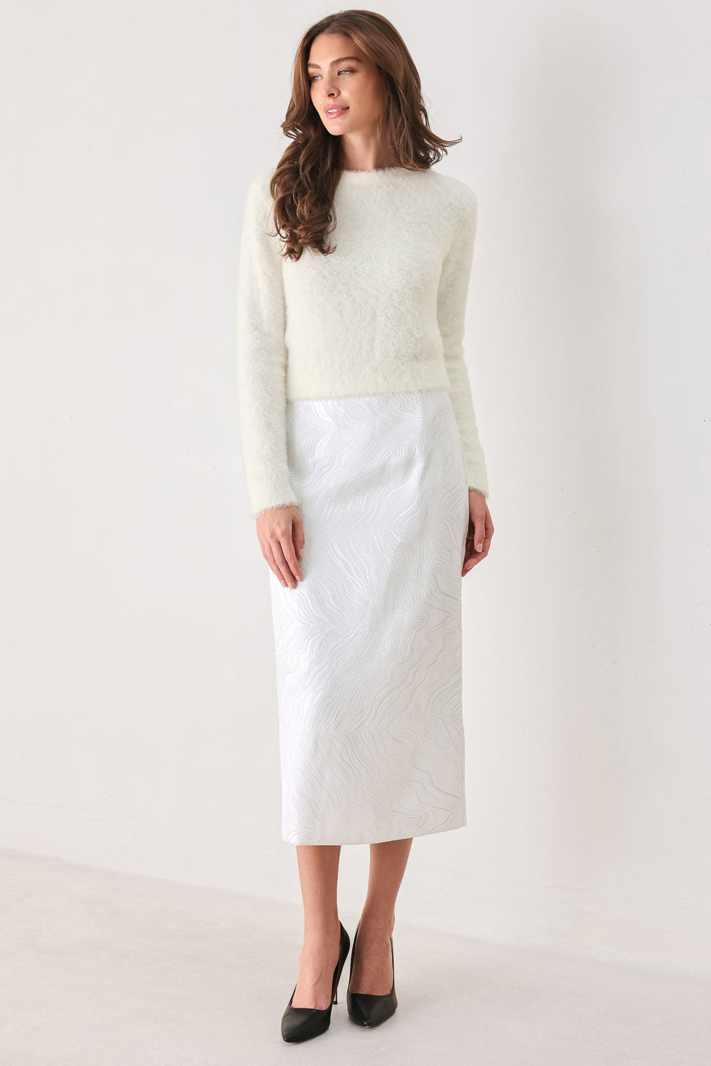 Ivory Texture White Jacquard Pencil Skirt