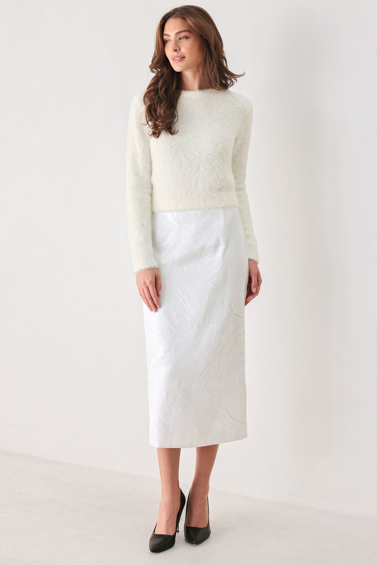 Ivory Texture White Jacquard Pencil Skirt
