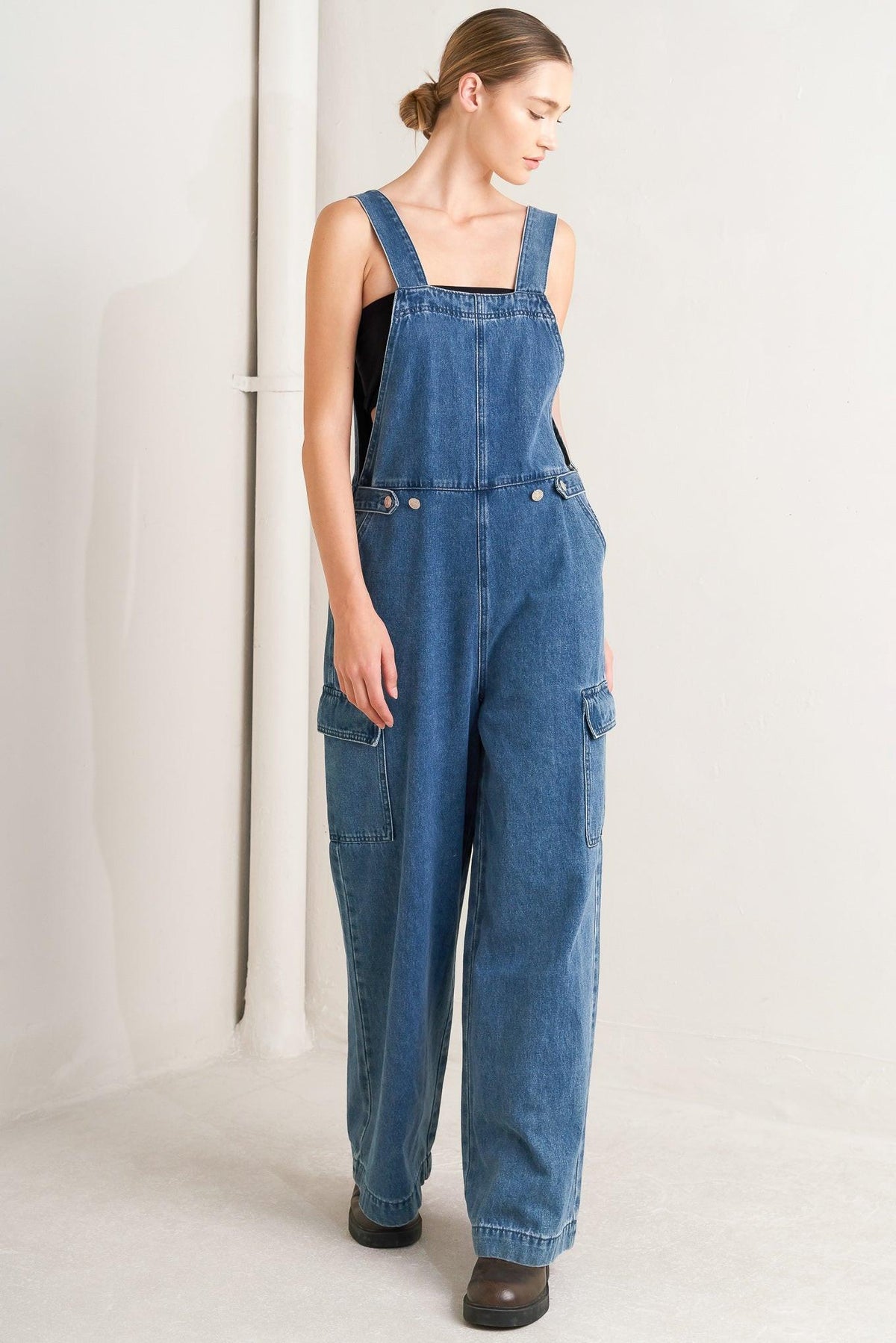 Let Me Talk Denim Cargo Overalls