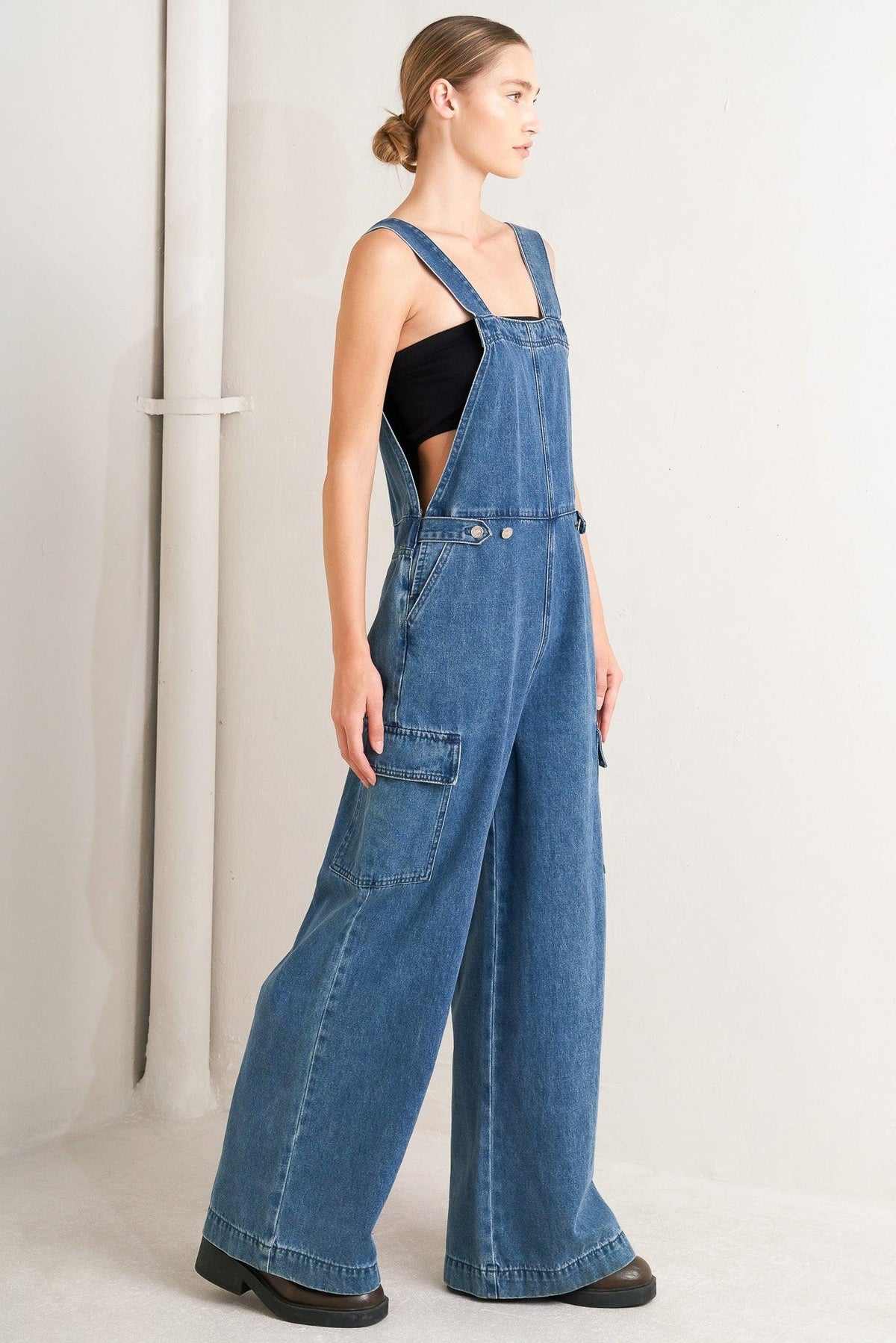 Let Me Talk Denim Cargo Overalls