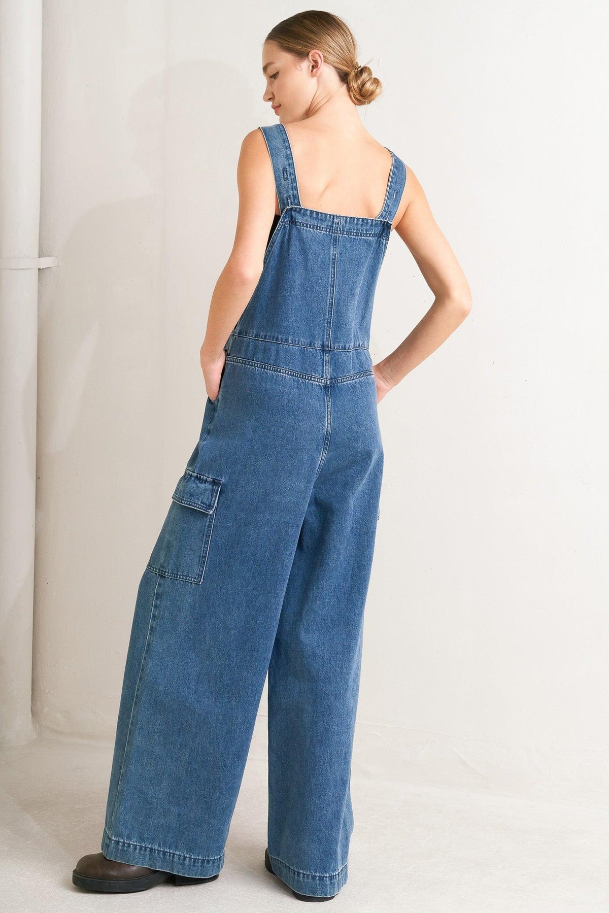 Let Me Talk Denim Cargo Overalls