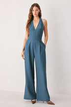 Arctic Blue Halter Wide-Leg Jumpsuit