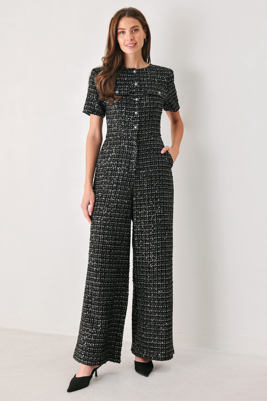 Midnight Tweed Sequin Wide-Leg Jumpsuit