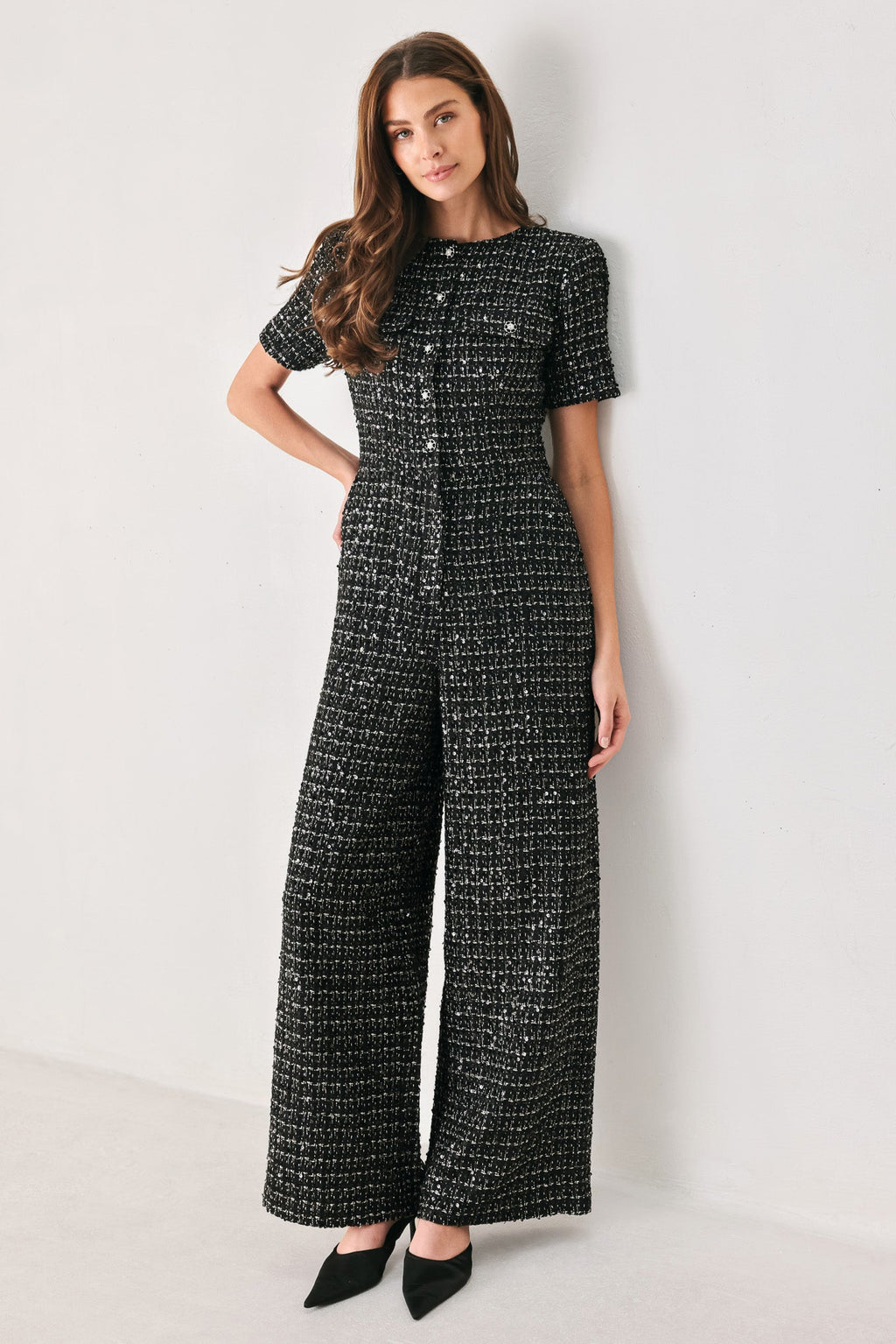 Midnight Tweed Sequin Wide-Leg Jumpsuit