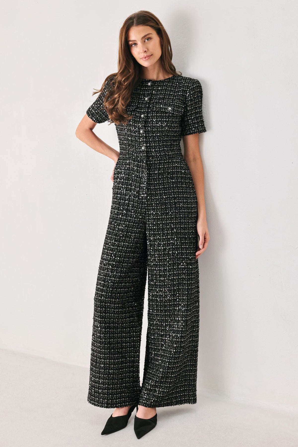 Midnight Tweed Sequin Wide-Leg Jumpsuit