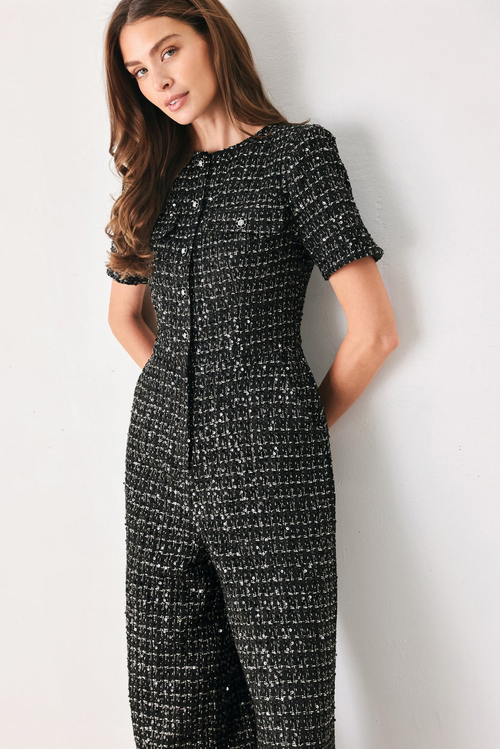 Midnight Tweed Sequin Wide-Leg Jumpsuit