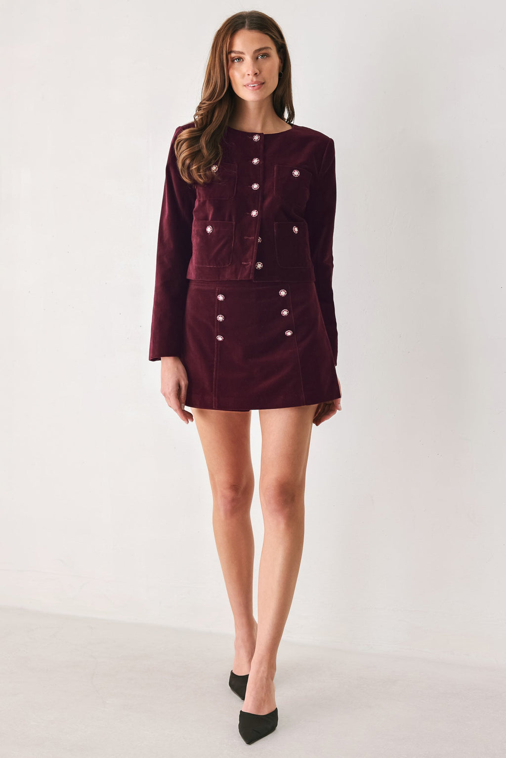 Bordeaux Velvet Burgundy Button-Detail Skort