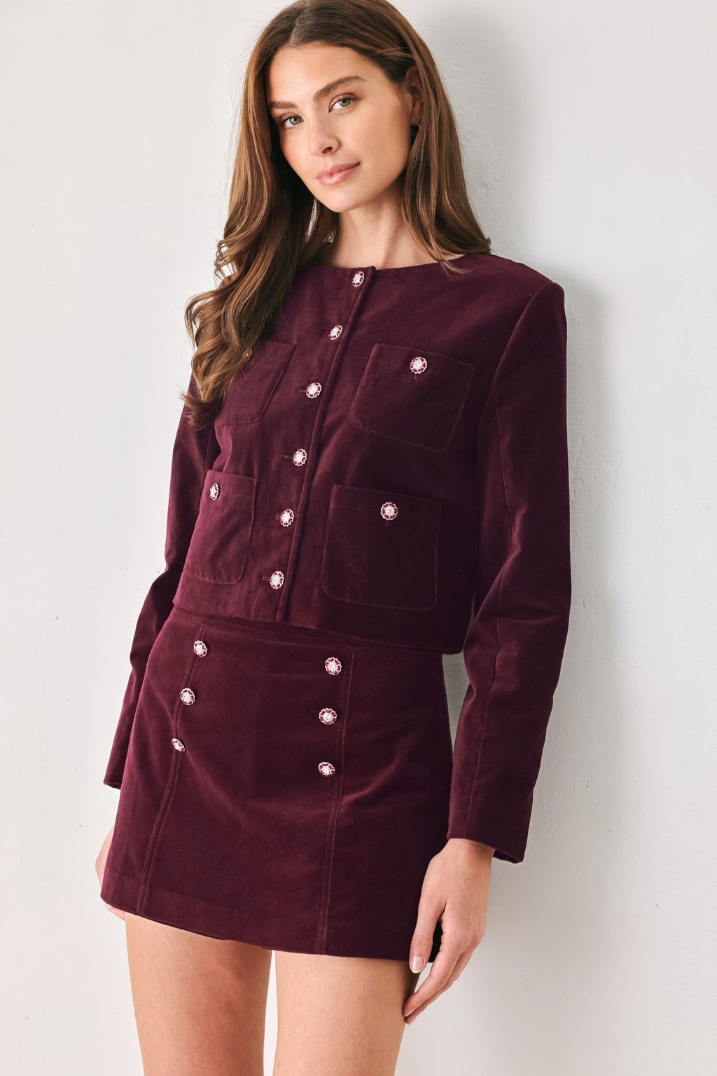Bordeaux Velvet Burgundy Button-Detail Skort